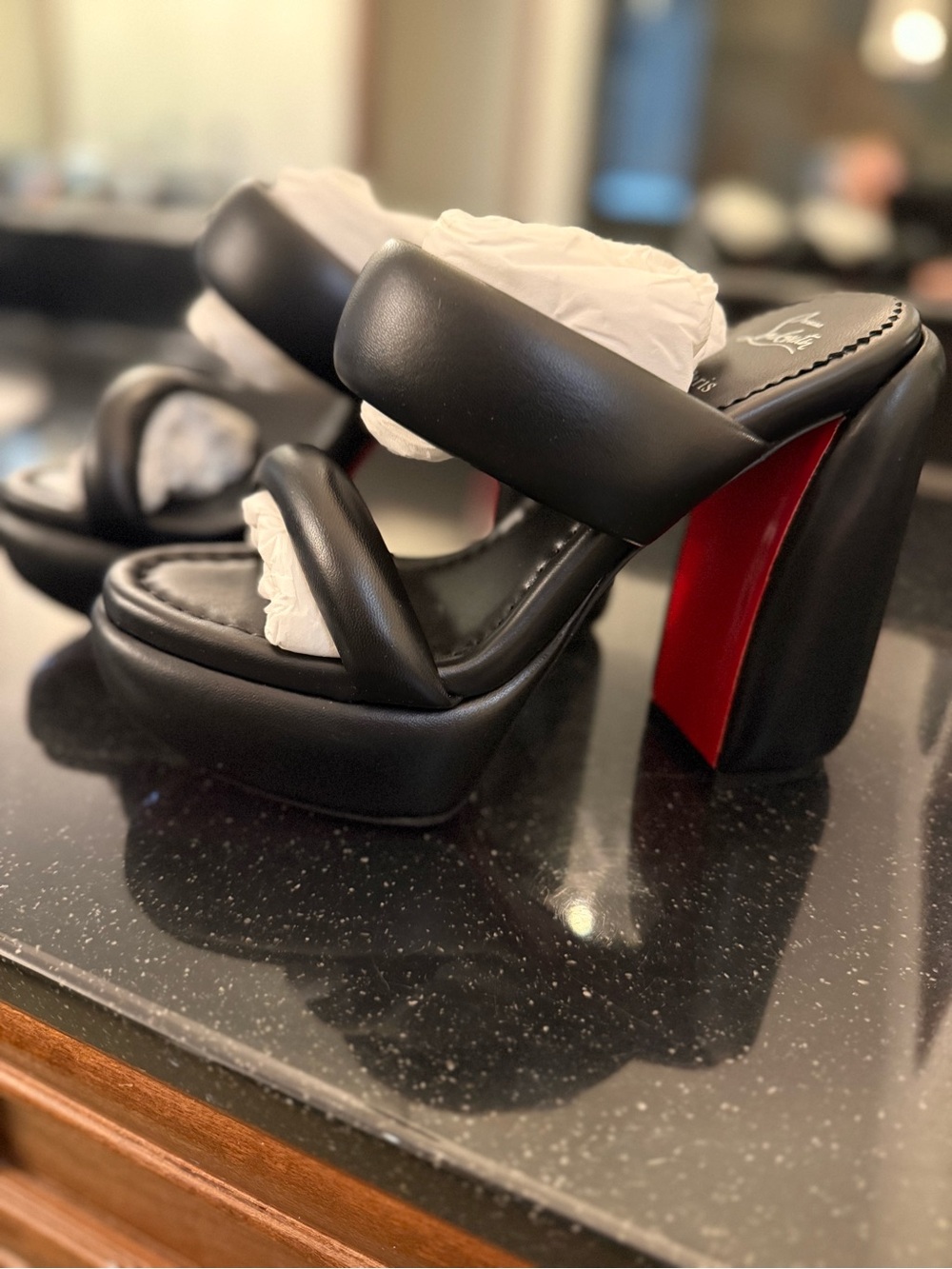 Christian Louboutin Black Leather Platform Mules with Signature Red Soles